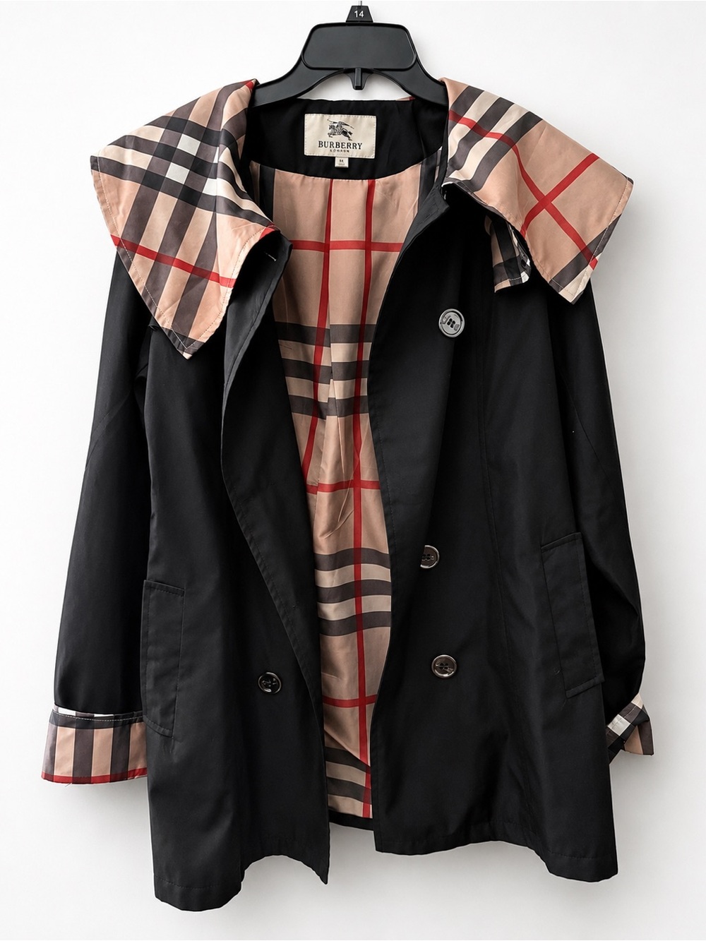 Burberry Black Double-Breasted Trench Coat with Check Collar XL classic plaid. - Picture 2 of 11
